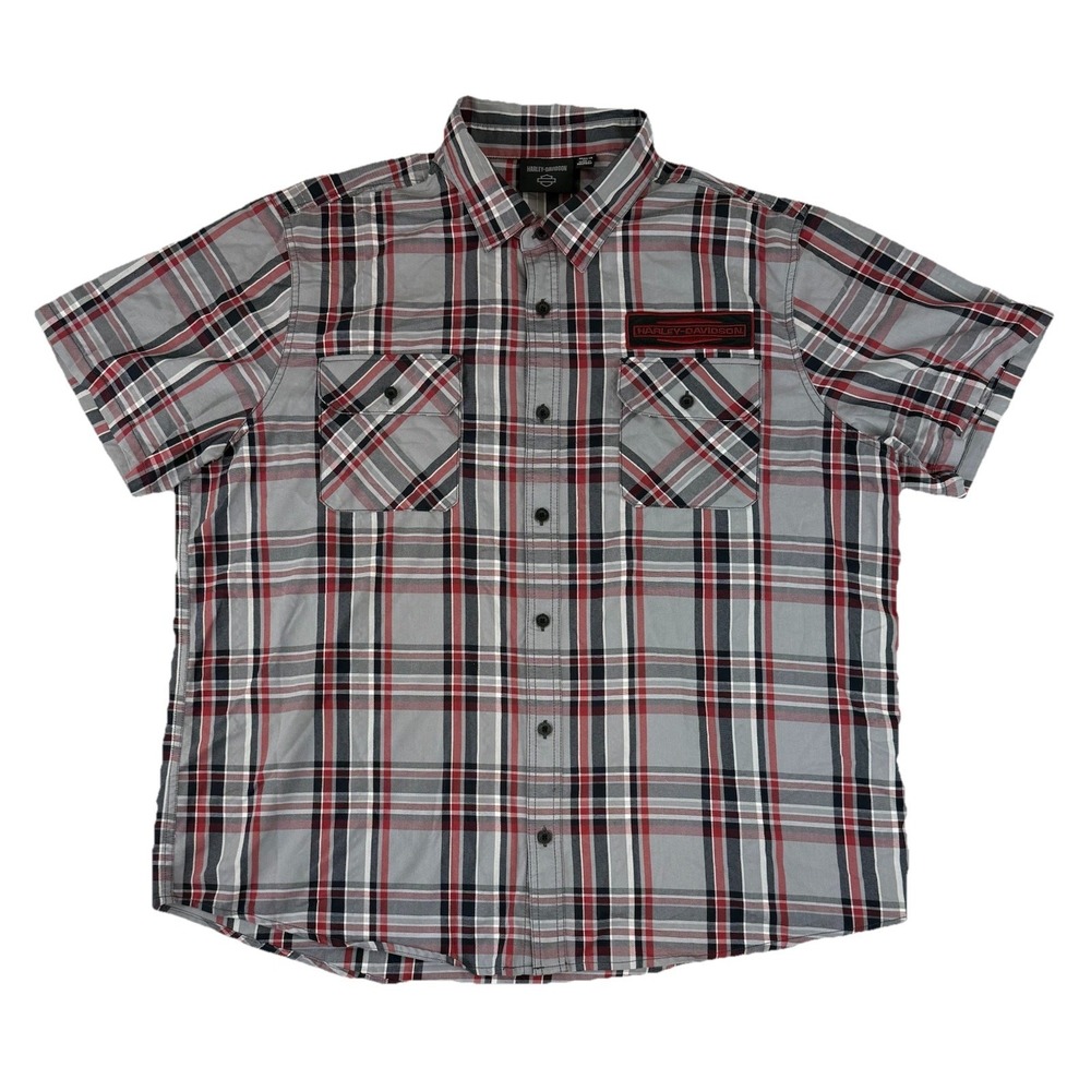 Harley Davidson Shirt Mens 3XL Short Sleeve Plaid Button Up Patch Motorcycle